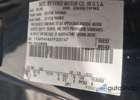 2000 Ford Mustang из США, поврежденный, VIN 1FAFP4446YF205167